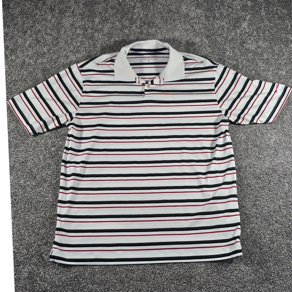Nike Golf Polo Shirt Mens L White‎ Striped Dri-FIT S/S Preppy Performance